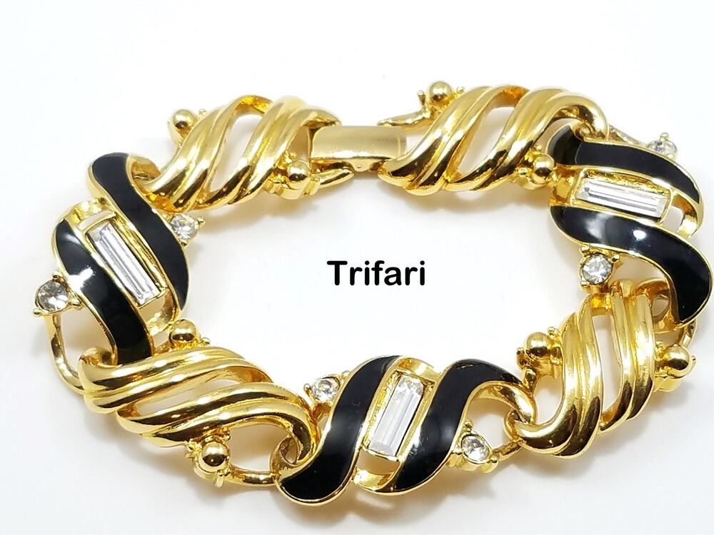 Vintage Crown Trifari Gold Plated Black Enamel Bracelet, Clear Rhinestones, 1960